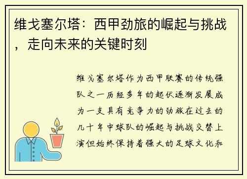 维戈塞尔塔：西甲劲旅的崛起与挑战，走向未来的关键时刻